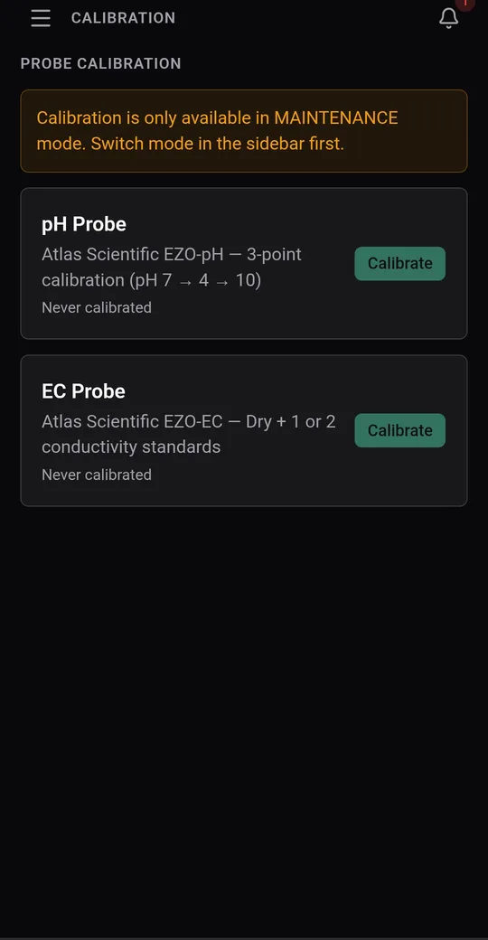 Verdara calibration page with Atlas Scientific EZO-pH and EZO-EC, both with a Calibrate button.